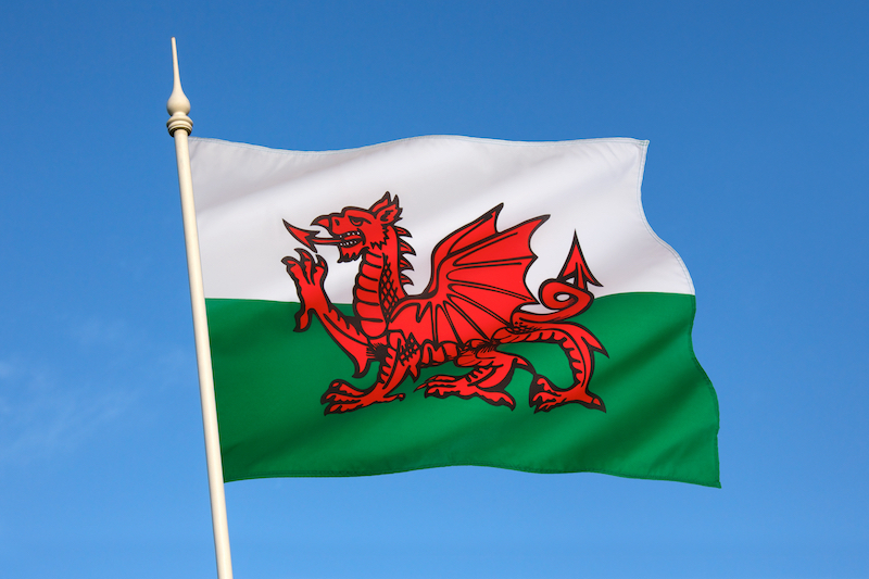 The flag of Wales in the United Kingdom. The flag incorporates the Red Dragon of Cadwaladr, King of Gwynedd, along with the Tudor colours of green and white.
