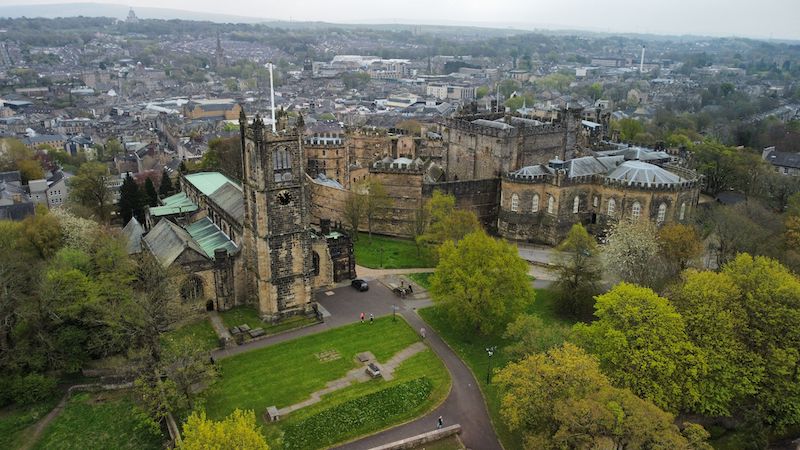 An aerial shot  of the historic Lancaster Castle situated in the United Kingdom