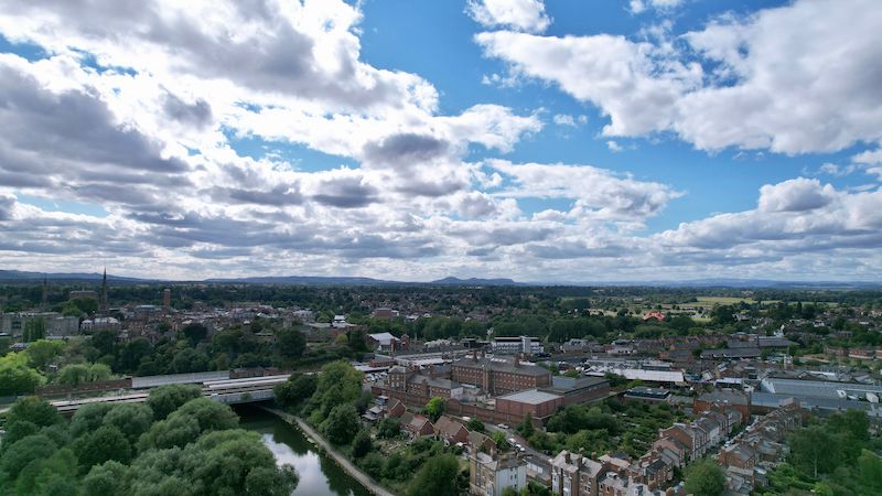 Aerial view of the market town of Shrewsbury in the county of Shropshire, England