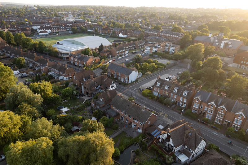 Drone aerial scenery of Canterbury city in Kent United Kingdom. Top view scenery of villages.