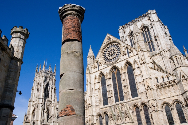 Roman column by York Minster in the city of York in North East England in the United Kingdom