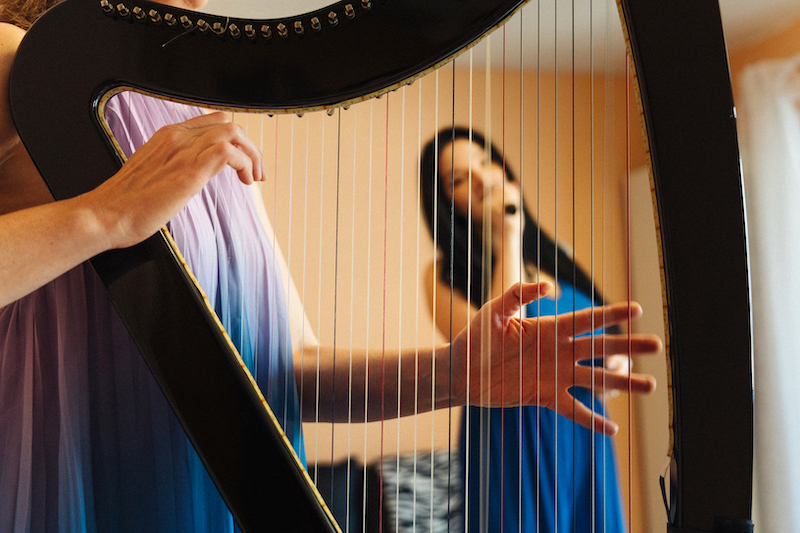 Hungarian harpist playing an electronic harp with a Latin singer