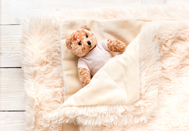 Small fur baby toy bear is covered with a warm blanket