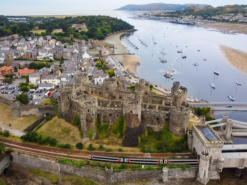 Aerial view of Conwy Castle in the town of Conwy in North Wales