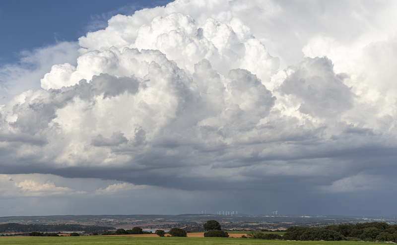 Bad weather with dark clouds. Endless green fields. Cumulonimbus and cumulus forming in midsummer with green seeding.