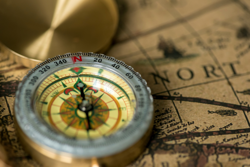 Old compass on vintage map.